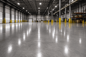 Industrial epoxy flooring installation inside a modern commercial warehouse facility