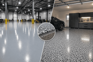 Professionals installing industrial epoxy flooring system on a polished concrete surface.