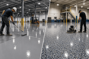 Professionals installing commercial concrete coating systems inside an industrial facility.