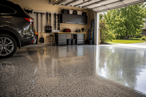Modern garage featuring a professionally installed epoxy floor with a clean, glossy finish.