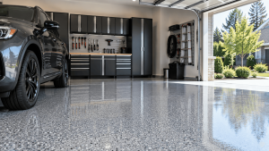 Professional epoxy garage floor with durable decorative finish